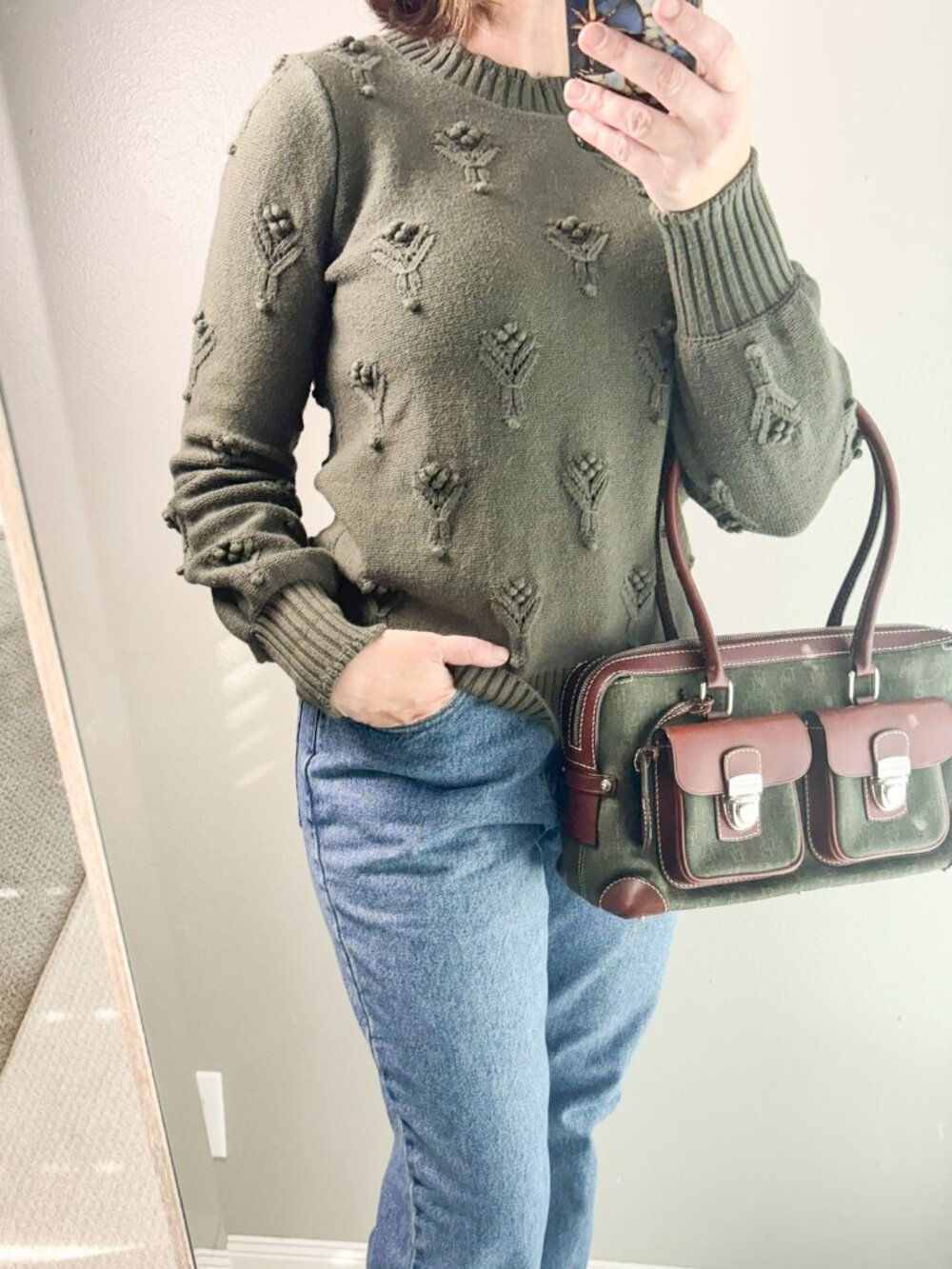 Loft Olive Green Bobble Pointelle Balloon Sleeve Sweater Knit Pullover Size M